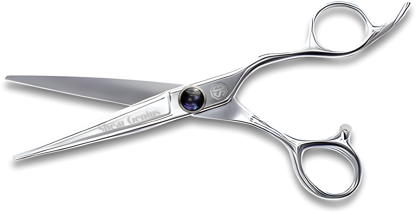 A professional convex-edge hairdressing scissor photographed open, showing both blades, the pivot and tension screw, the offset handle, the finger and thumb rings, the finger rest and the bump stop.